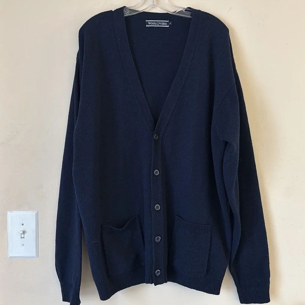 Woolovers Mens Lambswool‎ V Neck Pure Lambswool Cardigan Navy Blue Size XLarge